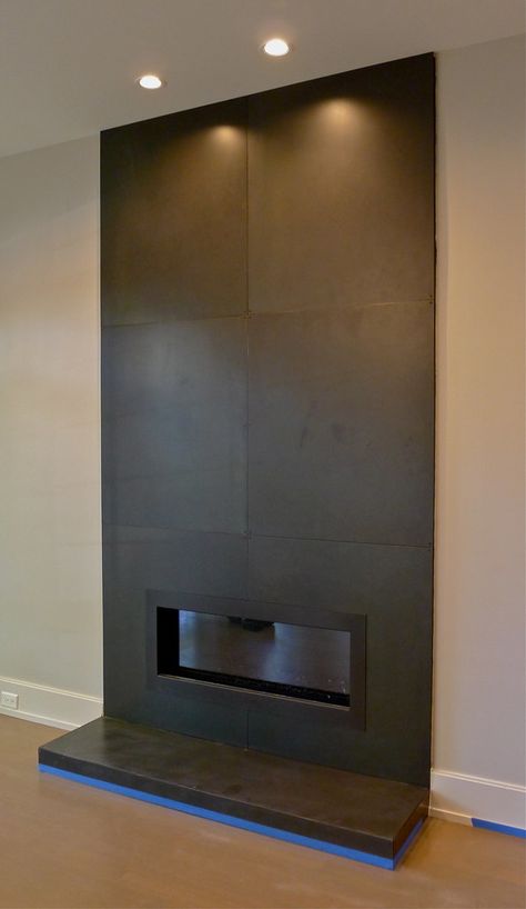 Rolled Steel Fireplace, Slate Fireplace Surround, Limestone Fireplace Surround, Contemporary Fireplace Designs, Fireplace Facing, Steel Fireplace, Tall Fireplace, Basement Fireplace, Hot Rolled Steel