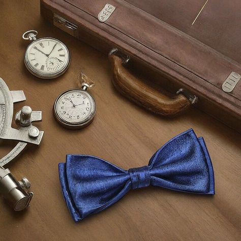 Photo a blue bow tie is on a table next ... | Premium Photo #Freepik #photo Bow Tie Drawing Reference, Bowtie Reference, Blue Bow Ties For Business, Classic Blue Bow Tie With Butterfly Knot, Blue Adjustable Bow With Ties, Blue Bow Tie, Table Clock, Blue Bow, Premium Photo