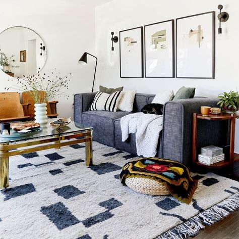 Lulu and Georgia on Instagram: “Our Elly Moroccan Shag looking right at home 🖤 Design by @emilyedithbowser featured on @em_henderson” Em Henderson, Emily Henderson Design, Living Room Reveal, Pillow Combos, Grey Sectional, Living Room Update, Design 101, Emily Henderson, White Living