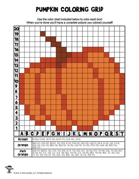 Fall Grid Coloring Pages Mystery Picture Activities | Woo! Jr. Kids Activities Pixel Art Grid With Numbers, Pixel Art Pictures, Fall Crochet Grid, Thanksgiving Pixel Art, Halloween Grid Pattern, Simple Grid Pattern, Pixel Art Autumn, Autumn Pixel Art, Pumpkin Pixel Art