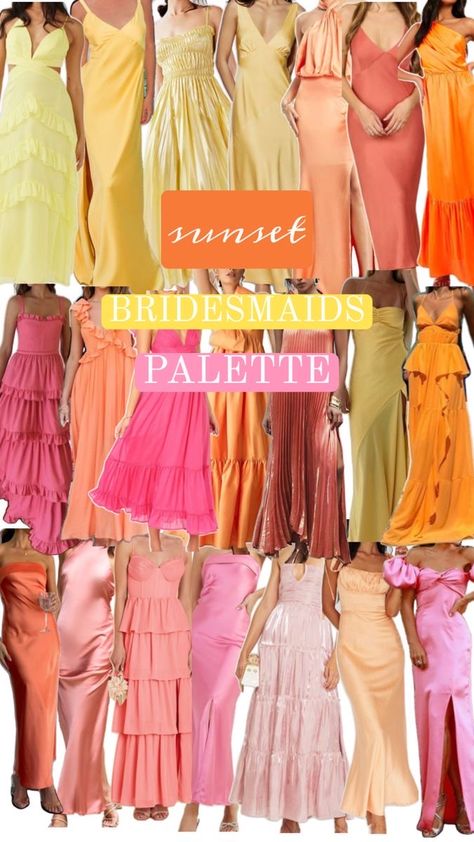 Sunset Wedding Colors, Bridesmaid Dress Color Schemes, Wildflower Wedding Theme, Amalfi Coast Wedding, Bridesmaid Colors, Guest Attire, Bridesmaid Dress Colors, Sunset Wedding, Wedding Attire Guest