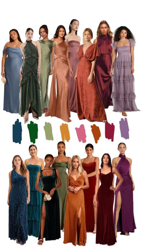 Jewel tone fall bridesmaids dresses Fall Bridesmaids Dresses, Jewel Tone Wedding Theme, Jewel Tone Wedding Colors, Jewel Tone Bridesmaid, Bridesmaid Dress Color Schemes, Jewel Tone Dress, Jewel Tone Color Palette, Fall Bridesmaids, Bridal Party Outfit