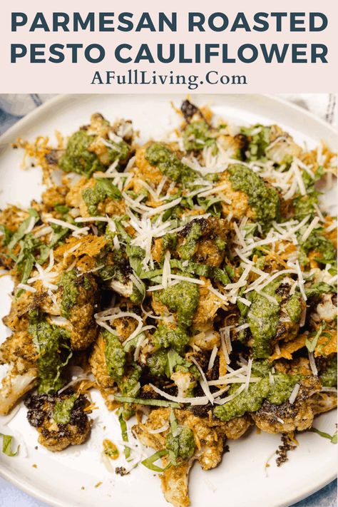 Anyone that says cauliflower is boring has clearly never this this easy side! This super crispy pesto cauliflower is made with just a handful of simple ingredients, and is absolutely scrumptious. Roasted cauliflower is the perfect canvas for a little homemade basil walnut pesto, extra parmesan cheese and a squeeze of lemon. The perfect side to accompany a variety of main dishes! Pesto Cauliflower, Recipe For Pesto, Basil Walnut Pesto, Cauliflower Rice Recipes, Walnut Pesto, Whole Roasted Cauliflower, Basil Recipes, Pesto Recipe, Veggie Side Dishes