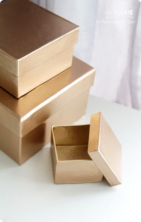 DIY Crafts | How to Make Decorative Gold Storage Boxes - from plain old cardboard boxes! Paint Cardboard, Gold Storage, Cardboard Ideas, Metal Storage Box, Paper Mache Boxes, Faux Tin, Diy Storage Boxes, Diy Gift Box, Employee Gifts