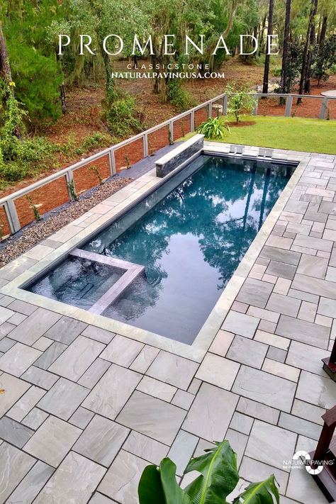 A breathtaking pool deck featuring Promenade Classicstone pavers, showcasing their unique textures and elegant design, enhancing the beauty and safety of the outdoor space. Pool Pavers Ideas, Pavers Around Pool, Pool Deck Pavers, Deck Pavers, Travertine Pool Decking, Grey Pavers, Sandstone Pavers, Pool Pavers, Limestone Pavers