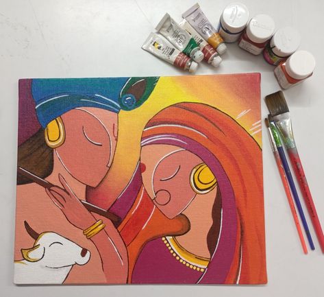 Radha Krishna Folk Art Painting, A4 Size Canvas Painting Ideas, Radha Krishna Painting On Canvas, Gods Drawing, God Drawings, Charger Art, Abstract Painting Easy, Radha Krishna Painting, God Drawing