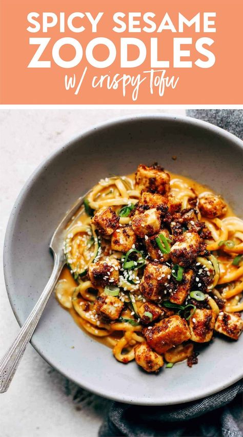 Spicy Sesame Zoodles with Crispy Tofu! SUPER easy recipe with familiar ingredients like soy sauce, peanut butter, sesame oil, zucchini, and tofu. YUM! #tofu #zoodles #zucchini Tofu Recipes Healthy, Pinch Of Yum, Zoodle Recipes, Spiralizer Recipes, Crispy Tofu, Vegetarian Pasta, Tofu Recipes, Zucchini Recipes, Meatless Meals