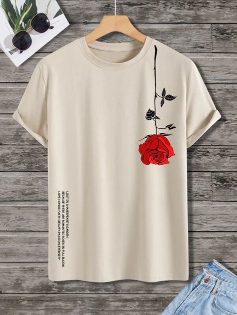 SHEIN Men Floral & Slogan Graphic Tee | SHEIN USA Cool Shirt Designs, Textil Design, Trendy Shirt Designs, Moda Streetwear, Mens Sleeve, Style Noir, Mode Streetwear, Mens Graphic Tee, Casual T Shirts