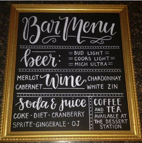 Chalk Bar Menu Wedding, Home Bar Menu Ideas, Bar Menu Wedding Chalkboard, Bar Sign For Wedding Reception, Wedding Bar Menu Sign Diy, Chalk Drink Menu Board Ideas, Chalkboard Drink Menu Board, Diy Bar Menu Sign, Chalkboard Bar Menu Signs