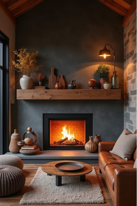 Modern rustic living room with wooden mantel fireplace and leather furniture in evening light Mid Century Living Room With Fireplace, Modern Cabin Fireplace, Hygge Fireplace, Living Rooms With Fireplace, Modern Rustic Fireplace, Crazy Homes, Fireplace Seating Area, Fireplace Home, Evening Vibes