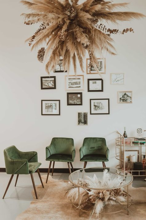 Waiting Area In Salon, Ikea Waiting Room Ideas, Boho Waiting Room Salon, Boho Medspa, Small Salon Waiting Area Ideas, Hair Salon Waiting Area Seating, Salon Seating Ideas Waiting Area, Boho Waiting Area, Green Salon Aesthetic