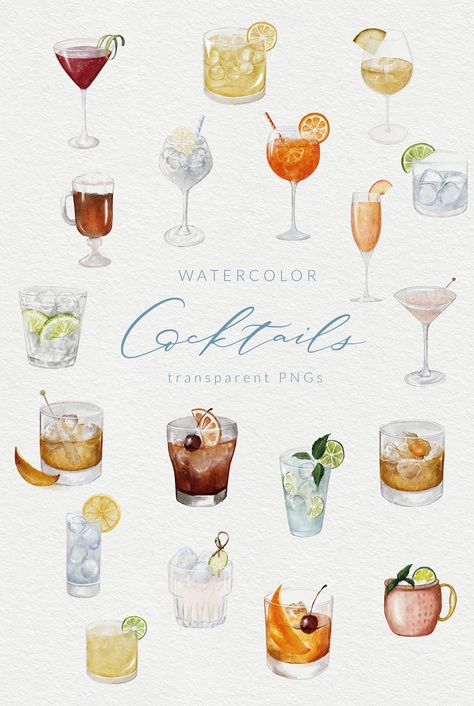 Watercolor Cocktails, Menue Design, Watercolor Png, Cocktail Art, Plakat Design, Watercolor Images, Bar Menu, Aperol Spritz, Wedding Bar