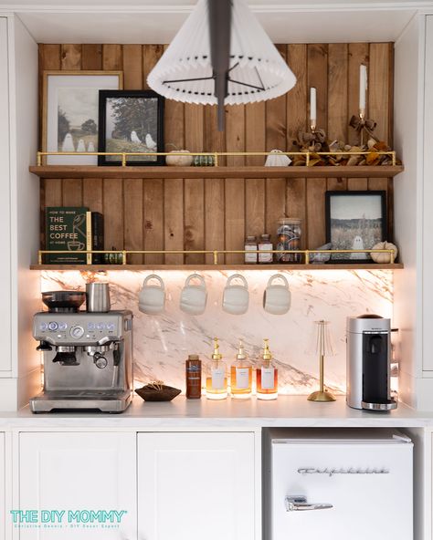 How I Created My Dream DIY Coffee Bar with an Epic IKEA Hack | The DIY Mommy Ikea Havsta, Pine Shiplap, Cabinet Trim, Cabinets With Glass Doors, Diy Mommy, Diy Coffee Bar, Marble Backsplash, Solid Doors, Old Dressers