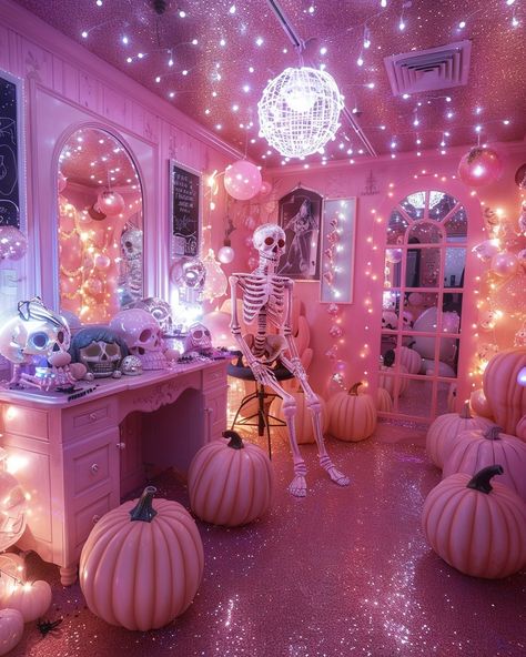 PinkHalloween 💖 #aihorrorrising @aiempirerising @blackwater_ai ( everyone makes fun of me for always buying pink cute Halloween decorations every year but honestly, I love them 😆🤩💖 ) Pink Halloween Widget, Pink Haunted House, Pink Witch Aesthetic, Iridescent Halloween, Pink Halloween Aesthetic, Halloween Core, Halloween Widget, Disco Halloween, Glitter Room