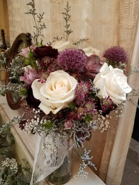 Wedding bouquet - mauves, creams, and burgundies. Dusty Purple Wedding Bouquet, Mauve Flowers Wedding, End Of September Wedding, Hils Wedding, Vintage Mauve Wedding, Dark Mauve Wedding, Bridal Bouquet Dusty Rose, Mauve Bouquet, Mauve Wedding Colors