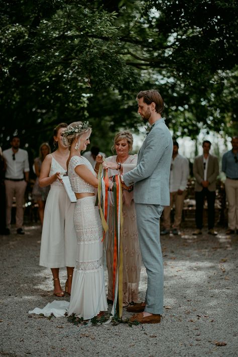 This couple included a Celtic handfasting in their garden wedding ceremony | Image by Dallas & Sabrina Photography Handfasting Ceremony Pictures, Handfasting Pictures, Hand Fasting Ceremony Ribbons, Handfasting Photography, Hand Tying Ceremony, Hand Fasting Ceremony, Dresses With Sleeve, Spanish Castle, Celtic Handfasting