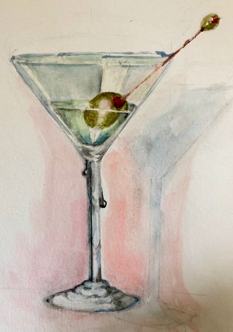 Martini watercolor Martini Glass Watercolor, Martini Watercolor Painting, Watercolor Martini Art, Gin Martini Aesthetic, Martini Sketch, Watercolor Martini, Martini Glass Painting, Martini Watercolor, Martini Glass Art