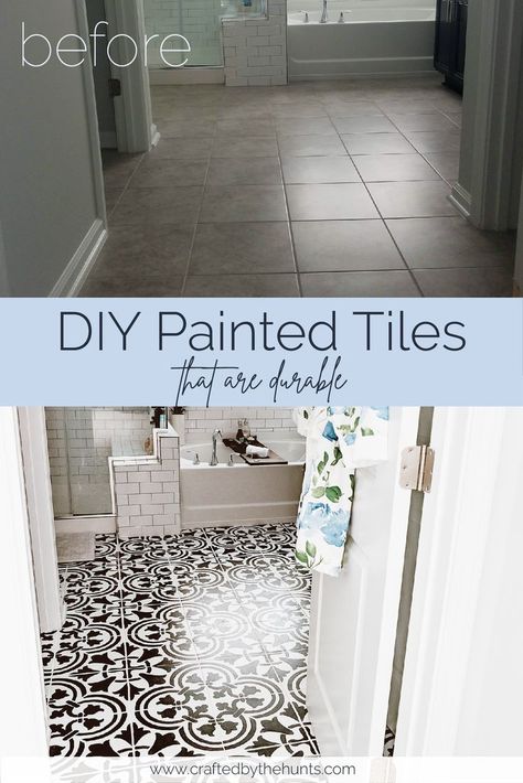 Everyone loves the look of painted floors and thought of DIYing them sounds amazing (hello saving a ton of money!), but you have to paint them the right way. If you want to DIY some durable painted tile floors, follow this tutorial. The before and after photo speaks for itself! #paintedtile #bathroom #masterbathroom #beforeandafter #roommakeover #bathroomrenovation Painted Tile Floors, Painted Tile Floor, Porch And Patio Paint, Stenciled Tile Floor, Tile Steps, Painted Bathroom, Painting Tile Floors, Painted Tile, Bathroom Floors