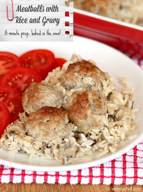 Baked Meatballs with Rice and Gravy Oven Baked | Weary Chef Meatballs With Rice, Oven Baked Meatballs, Rice And Gravy, Meatballs And Gravy, Meatballs And Rice, Baked Meatballs, Meatball Bake, Gravy Recipes, Easy Casserole