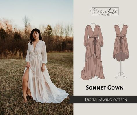 Chifon Dress, Boho Dress Pattern, Photoshoot Gown, Projector Sewing, Robe Diy, Gown Sewing Pattern, Simple Gowns, Pattern Dress Women, Costura Diy