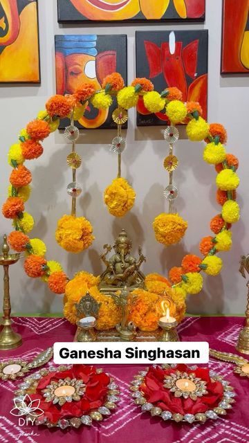 Ganapathi Decoration, Hula Hoop Decoration, Ganapati Decorations, Chaturthi Decoration, Ganpati Decoration Theme, Ganpati Decor, Ganesh Chaturthi Decoration, Thali Decoration Ideas, Ganpati Decoration At Home