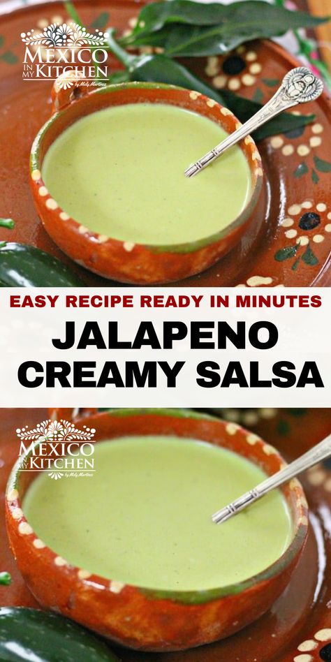 Homemade Hot Sauce Mexican, Jalapeno Avocado Salsa, Salsa Verde Creamy, Salsa Authentic Mexican, Green Creamy Salsa, Mexican Salsa Recipes Authentic, Creamy Green Salsa Recipe, Creamy Green Salsa, Mexican Green Sauce