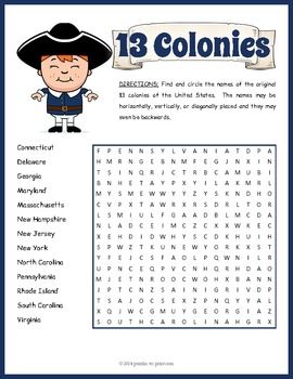 13 Colonies word search worksheet activity.  Original 13 Colonies for kids.  Teaching US history. History Activities For Kids, 13 Colonies Activities, American History Activities, History Interactive Notebook, American History Timeline, Teaching Us History, Puzzle Worksheet, Social Studies Notebook, American History Lessons