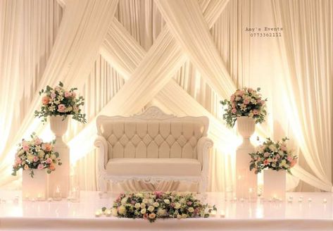 Simple wedding with draping Simple Wedding Stage Decorations Indoor, Shadi Decor, Wedding Sofa, Backdrop Inspiration, Engagement Stage, Indoor Wedding Decorations, Ethereal Garden, Engagement Stage Decoration, Engagement Decoration