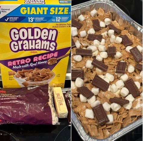 Easy recipes ideas Golden Graham Treats, Golden Graham Smores, Golden Grahams Smores Bars, Smores Bar Recipe, Golden Grahams Cereal, Golden Grahams, Lunchbox Treats, S'mores Bar, Marshmallow Fluff