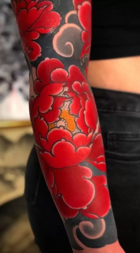 Japanese Tattoos: History, Meanings, Symbolism & Designs Traditional Peony, Japanese Peony Tattoo, Japanese Peony, Deep Tattoo, Japanese Flower Tattoo, Tattoo Japanese, Peony Tattoo, Bamboo Tattoo, Shoulder Arm Tattoos