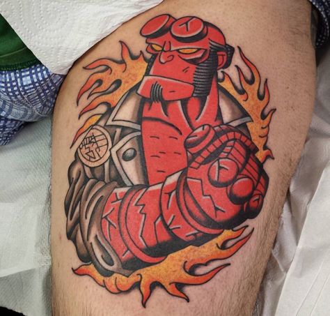 Comic style hellboy tattoo Traditional Tattoo Stencils, Hellboy Tattoo, Comic Book Tattoo, Cardinal Tattoos, Hellboy Art, Comic Tattoo, Funky Tattoos, Burning Fire, 1 Tattoo