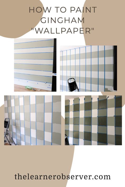 Diy Wallpaper Paint Ideas, Plaid Wallpaper Playroom, Painted Gingham Wall, Painted Wall To Look Like Wallpaper, Diy Buffalo Plaid Paint, Gingham Wall Paint, Plaid Walls Painted, Painting Gingham Pattern Diy, Painting To Look Like Wallpaper