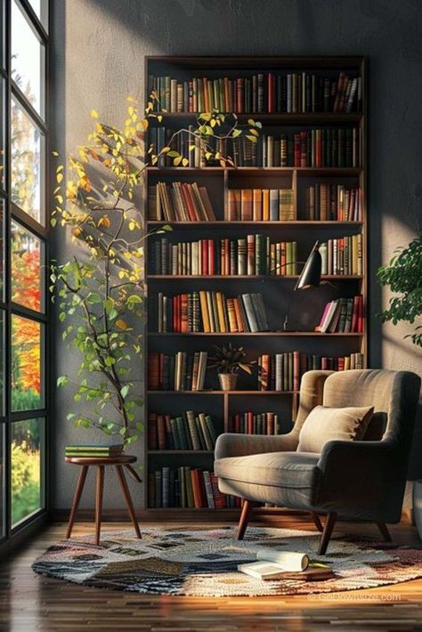 When you have abundant vertical space in your home, it’s best to maximize it. Don’t leave your tall walls bare and consider installing a makeshift wooden library. Decorations Drawing, 2023 Home Interior, Dream Home Library, Antique Bookshelf, Modern Living Room Design Ideas, Bookshelf Aesthetic, Room Makeover Ideas, Simple Bookshelf, Modern Living Room Design