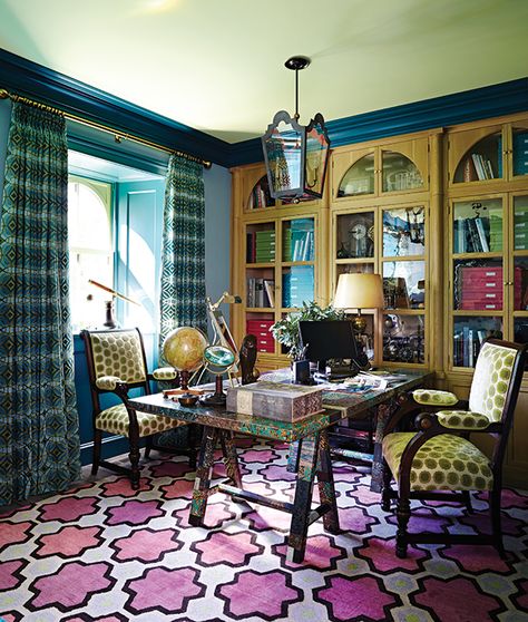 Green Upholstered Chair, Maximalist Pattern, Office Basement, Blue Home Offices, France Chateau, Maximalist Home, Bachelorette Pad, Green Room, Work Spaces