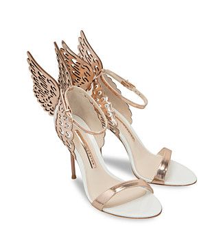 Sophia Webster White and Rose Gold butterfly heels Butterfly Wings Dress, Butterfly Heels, Butterfly Shoes, Wings Dress, Trending Womens Shoes, White Leather Sandals, High Heels Sandals, Shoe Inspiration, 3d Laser