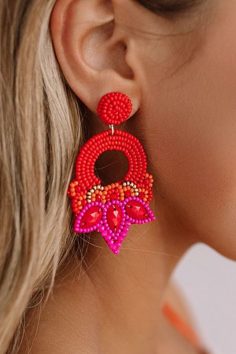 big colorful earrings, big bright earrings, earrings that distract from bald heads, pretty earrings, eye-catching earrings, earrings aesthetic, earrings inspiration, big earrings statement Big Colorful Earrings, Big Earrings Statement, Spicy Margs, Red Statement Earrings, Diy Fabric Jewellery, Jewelry Photography Styling, Trendy Crochet, Fancy Earrings, Bald Heads