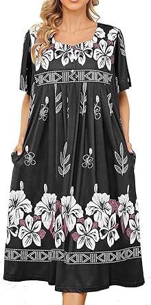 Bloggerlove Nightgown for Women Hawaiian Muumuu House Dress Print Lounger Patio Dress with Pockets Moomoo Short Sleeve Floral Print Nightgown For Home, Black Short Sleeve Casual Nightgown, Printed Summer Nightgown For Sleep, V-neck Nightgown For Spring Relaxation, Hawaiian Muumuu, Patio Dress, Knit Lounge Set, Casual V-neck Floral Print Nightgown, Muumuu Dress