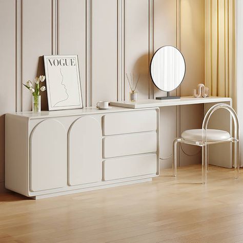 Orren Ellis Anicetus Extendable Large Storage Cream Versatile Modern Makeup Vanities & Reviews | Wayfair Makeup Vanity Modern, Decor Inspo Bedroom, Minimalist Bedroom Furniture, Vanity Modern, Modern Makeup Vanity, Modern Makeup, Makeup Vanity Set, Mirror Stool, Vanity Set With Mirror