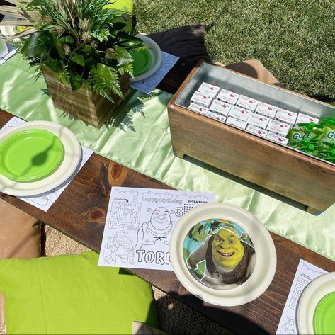 Shrek Table Decor, Shrek Centerpieces, Shrek Birthday Party Decorations, Shrek Decor, Shrek Decorations, Cute Shrek, Shrek Birthday, Shrek Party, Dots And Boxes