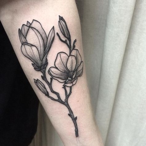 Magnolia tattoo @klaudia_holda Magnolia Tattoos, Magnolia Flower Tattoo, Botanisches Tattoo, Exotic Tattoos, Thigh Tattoo Men, Meaning Tattoos, Left Arm Tattoos, Inner Arm Tattoos, Magnolia Tattoo