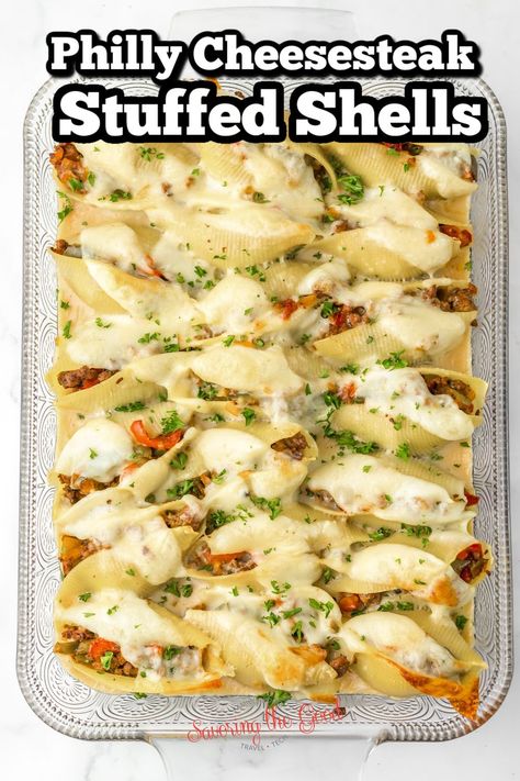 Philly cheese steak stuffed shells make a delicious dinner idea with all the flavors of Philly cheesesteak sandwiches in a stuffed pasta shell. Ground beef instead opt for shaved steak or shaved beef ribeye steak. A little controversial but you could also use ground turkey in place of the ground beef mixture. Philly Cheesesteak Stuffed Shells Recipe https://www.savoringthegood.com/philly-cheesesteak-stuffed-shells-recipe/ Philly Cheesesteak Stuffed Shells, Philly Cheese Steak Stuffed Shells, Cheese Steak Stuffed Shells, Steak Stuffed Shells, Cheesesteak Stuffed Shells, Ground Beef Stuffed Shells, Stuffed Jumbo Shells, Beef Ribeye Steak, Philly Cheesesteak Sandwiches