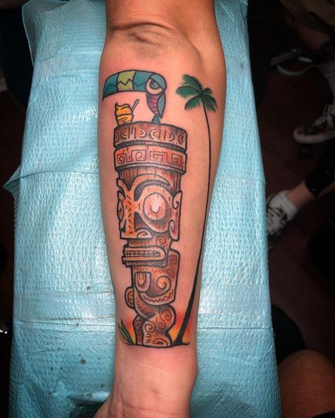 Small Tiki Tattoo, Tiki Hut Tattoo, American Traditional Tiki Tattoo, Tiki Sleeve Tattoo, Traditional Tiki Drink Tattoo, Concept Tattoo, Totem Tattoo, Tiki Tattoo, Scene Tattoo