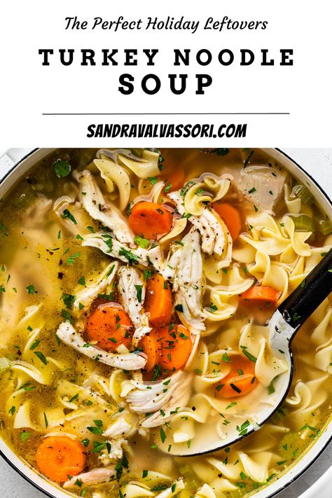 This hearty and restorative Turkey Noodle Soup recipe makes the best use of your holiday turkey leftovers. With loads of veggies, an easy homemade stock, and perfectly tender noodles, it’s the best, coziest soup for this time of year. Turkey Pasta Soup Recipes, Lasagna Soup Turkey, Homemade Turkey Noodle Soup, Best Leftover Turkey Soup Recipe, Turkey Noodle Soup With Leftover Turkey, Turkey Stock Recipe, Vegetable Noodle Soup, Turkey Noodle Soup, Shredded Turkey