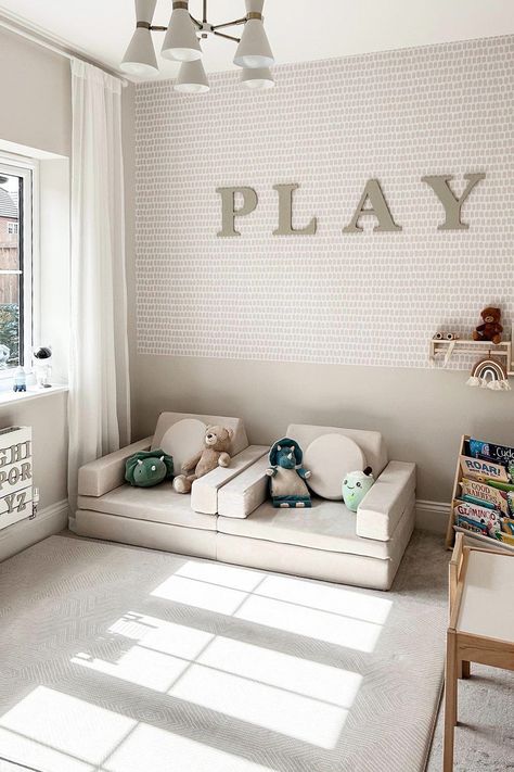 Clean Playroom Ideas, Kids Wallpaper Playroom, Neutral Playroom Ideas Modern, Gray Playroom Ideas, Cool Playroom Ideas Modern, Playroom Wallpaper Accent Wall, Unisex Playroom Ideas, Playroom Wallpaper Ideas, Playroom Flooring Ideas