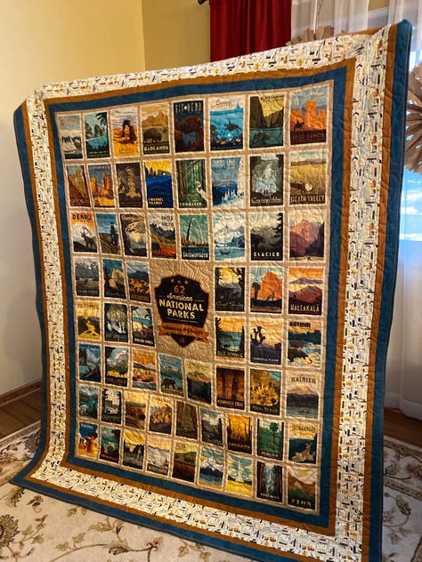 National Parks Panel Quilt Ideas, National Park Panel Quilts, Riley Blake National Parks Quilt, National Parks Quilt Ideas, National Parks Quilt, National Park Quilt, National Park Quilt Blocks, Show Ribbon Display, Story Quilts