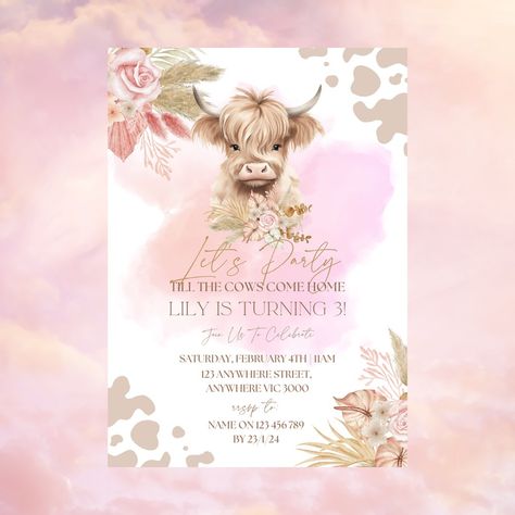 Let’s Party Until The Cows Come Home 🐮✨ Holy Cow! Is this not the cutest highland cow invitation you have ever seen! 🤍 Highland Cow 1st Birthday Girl, Highland Cow 1st Birthday, Highland Cow Birthday Party, Cow 1st Birthday, Cow Birthday Parties, Cow House, Cow Birthday, Holy Cow, 12th Birthday