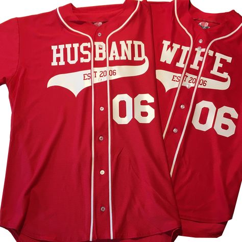 What a fun way for the baseball lover in your life. Celebrate that special anniversary on the pitchers mound with a customized jersey from HKSportswear. This full button baseball jersey with piping can be customized with the online preview tool on Amazon. Just fill out the form, the tool gives a pretty good preview and the experts at HK do the rest. Bride And Groom Baseball Jersey, Custom Baseball Jersey Ideas, Wedding Baseball Jerseys, Couple Jersey Ideas, Sports Themed Wedding, Baseball Theme, Anniversary Shirt, Custom Baseball Jersey, Baseball Outfit