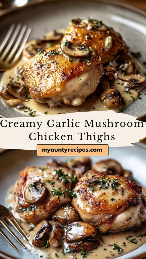 Enjoy tender Garlic Mushroom Chicken Thighs in Creamy Sauce, a cozy dish full of savory flavors. This recipe is easy to prepare and ideal for a satisfying dinner, packed with mushrooms, garlic, and tender chicken. Cozy Chicken Thigh Recipes, Gourmet Chicken Thigh Recipes, Easy Dinner Recipes With Mushrooms, Chicken Thighs Mushrooms Crockpot, Creamy Mushroom Chicken Thighs, White Wine Mushroom Chicken, Chicken Thighs Mushroom Recipes, Whole Chicken Thigh Recipes, Chicken Thigh Recipes With Mushrooms