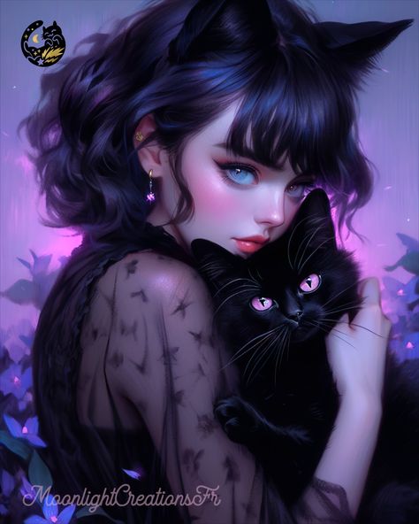 This gothic girl sure loves her black cat! She's hugging it close and seems to be doting on it with a lot of love. In the background, you can see the night falling with beautiful pink and purple hues above some flowers. The cat lady has cat ears which add a touch of whimsy to this illustration. Perfect postcard for any cat lover! Cat Lady Drawing, Anime Witches, Illustration Fantasy Art, Whimsical Gothic, Gothic Cat, Illustration Fantasy, Ear Art, Anime Witch, Gothic Girl