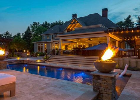 Massachusetts Cape Cod, Pools Backyard Inground, Beautiful Outdoor Living Spaces, Fire Pit Landscaping, Sloped Backyard, Cool Fire, Pool Landscape Design, Fire Pit Bowl, Gunite Pool